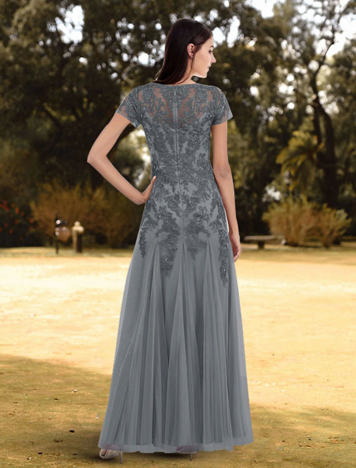 A-Line Evening Gown Floral Dress Wedding Guest Formal Evening Floor Length Short Sleeve Jewel Neck Lace with Pleats Pure Color